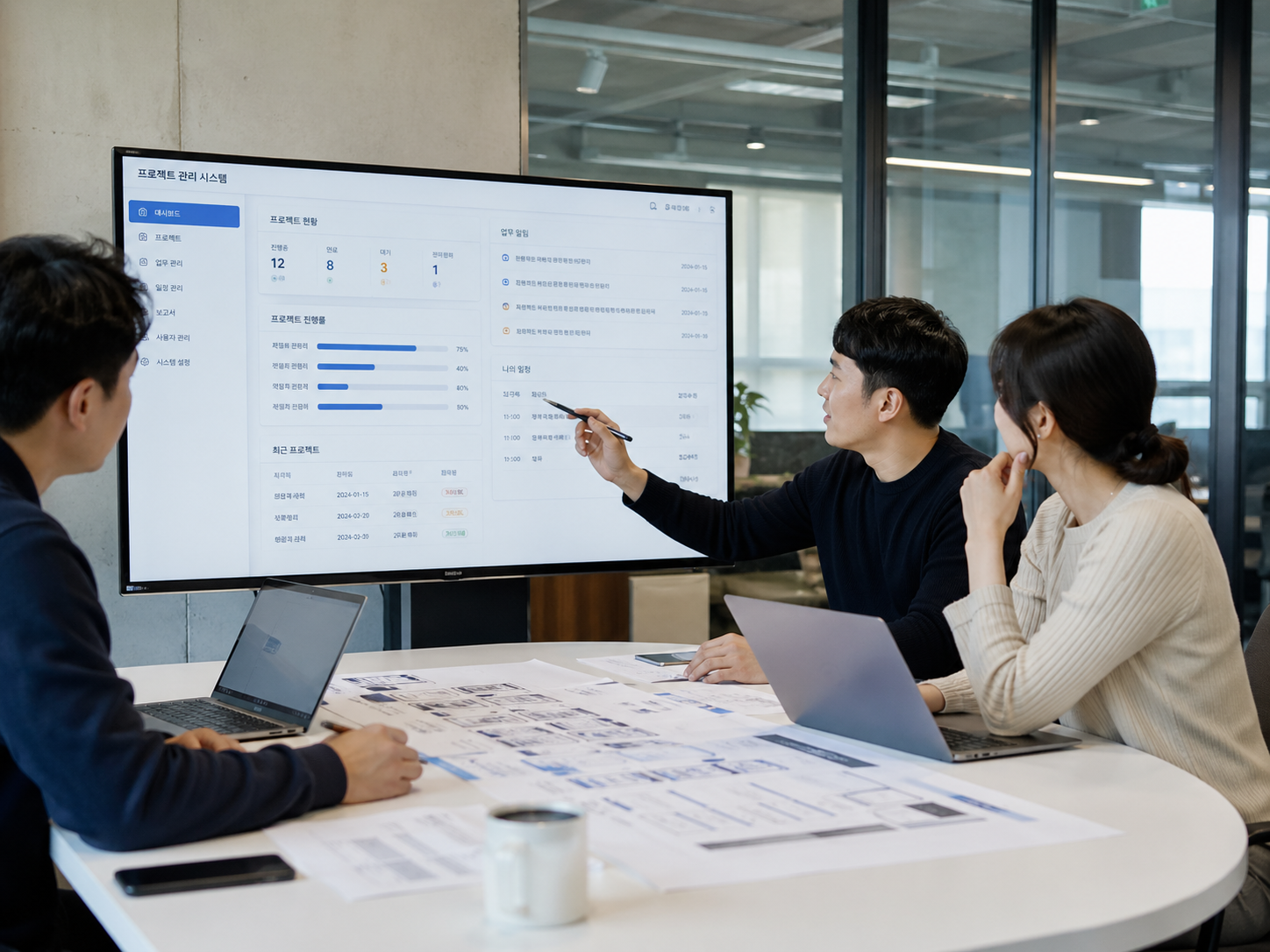 업무 시스템 개발 방향을 논의하는 회의 장면